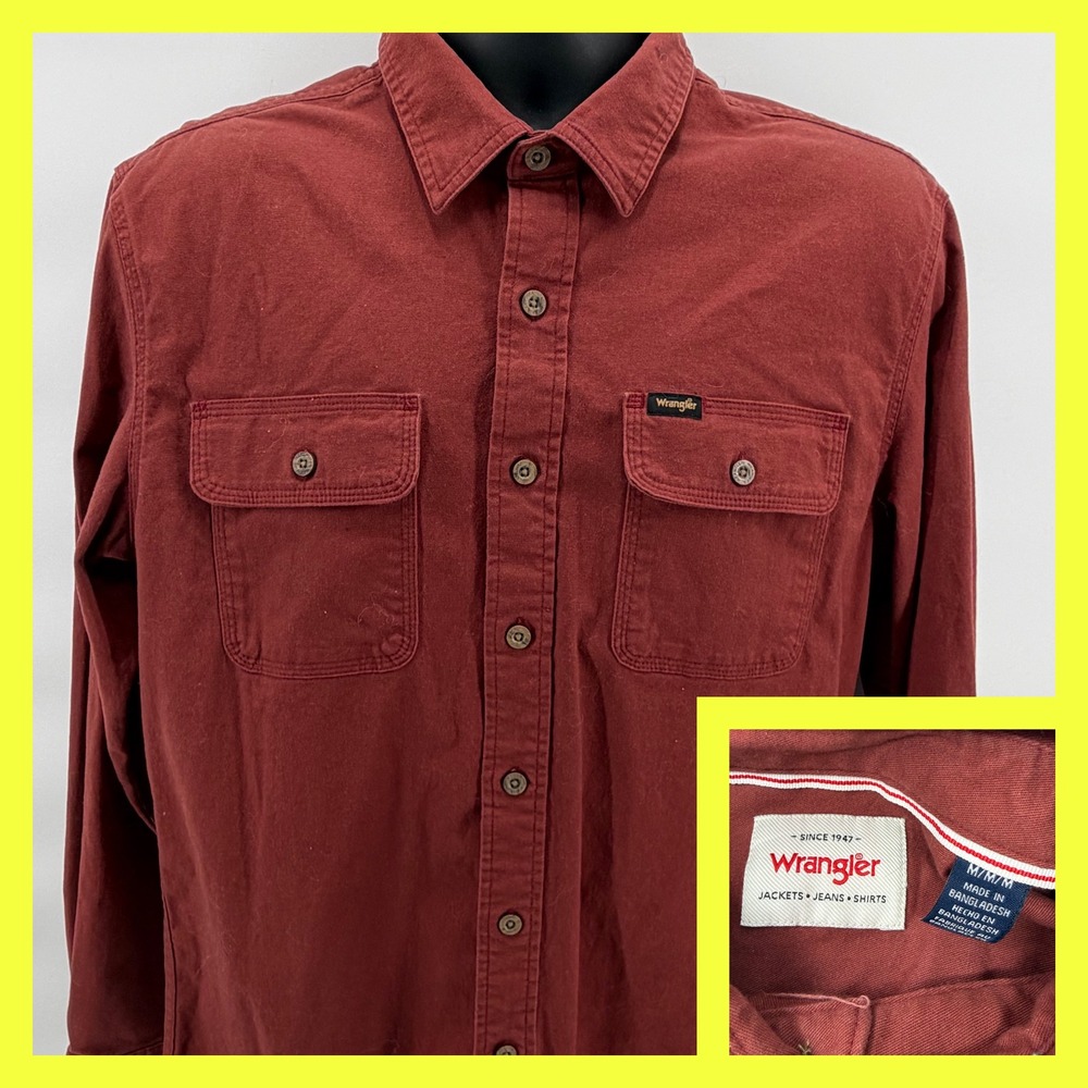 Wrangler Button Down Shirt Mens Medium Burgundy Long Sleeve Stretch‎ Workwear